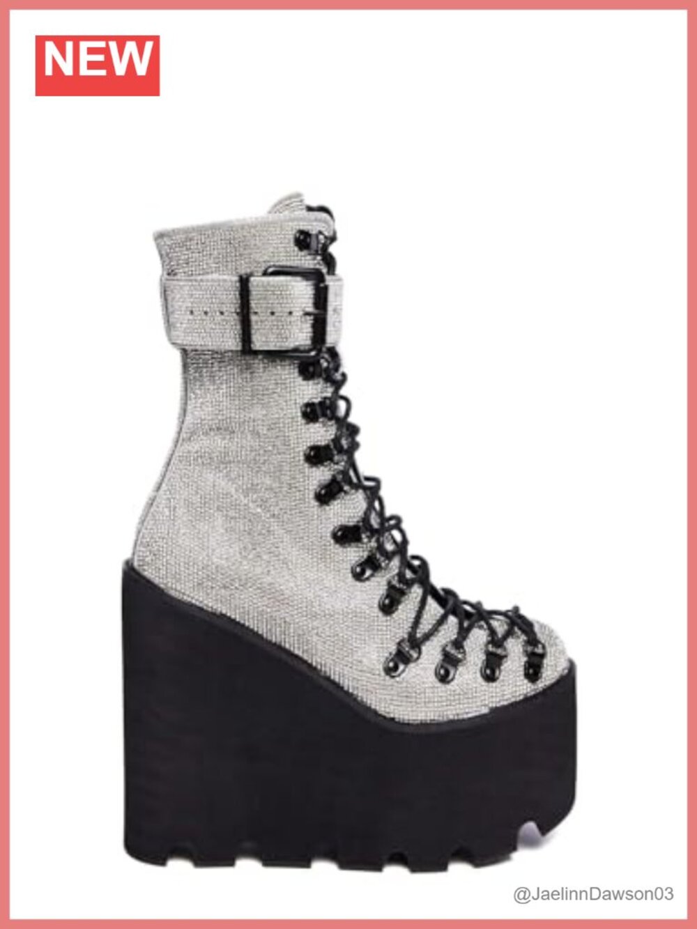 Silver Rhinestone Studded Wedge Platform Boots Lace-Up Buckle Straps